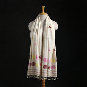 White - Handspun Handwoven Pure Eri Silk Aari Hand Embroidered Shawl of Assam 09