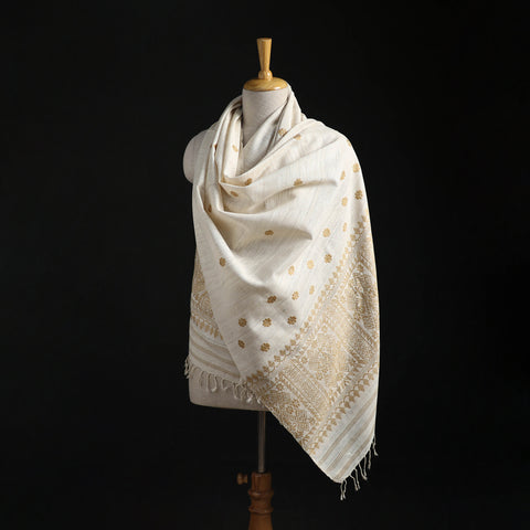 White - Handspun Handwoven Pure Eri Silk Aari Hand Embroidered Shawl of Assam 10