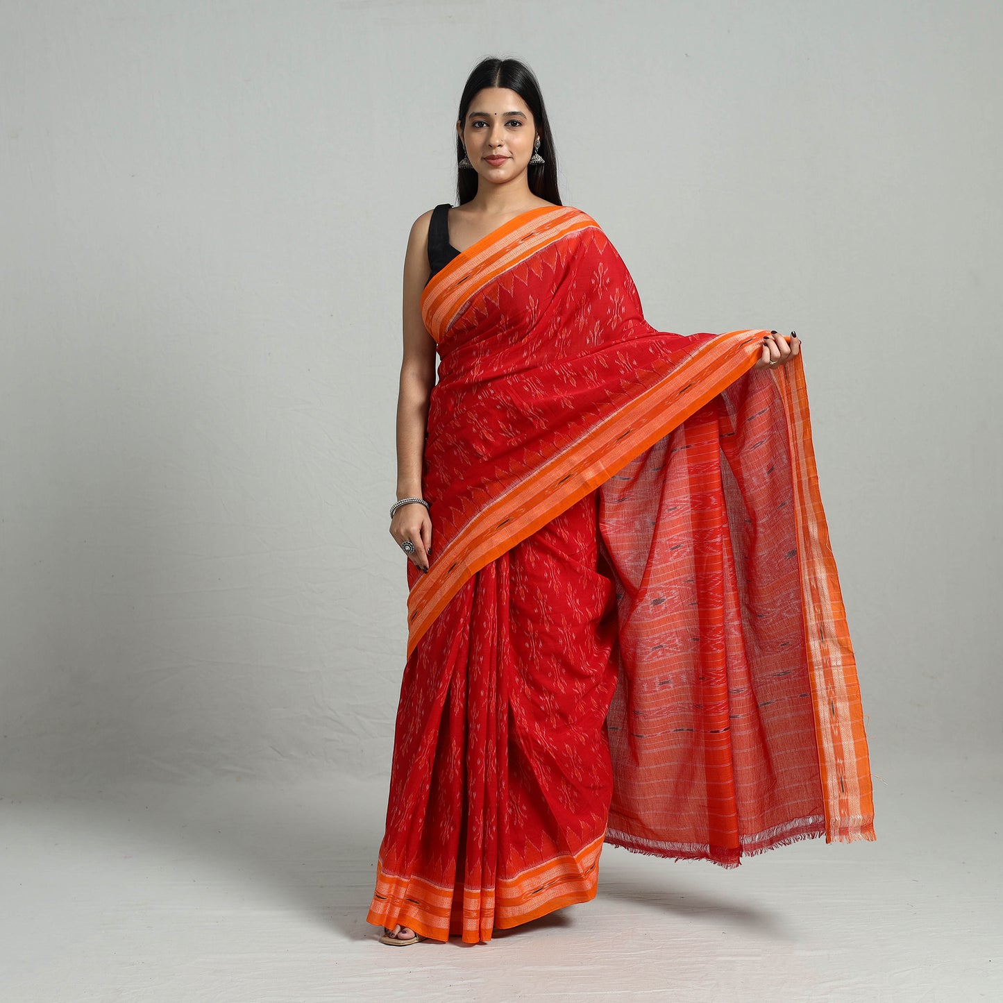 Orange - Ikat Weave Handloom Cotton Sambalpuri Saree 12