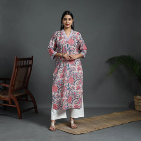 Beige Sequins Work Cotton Straight Sanganeri Print Kurta for Women