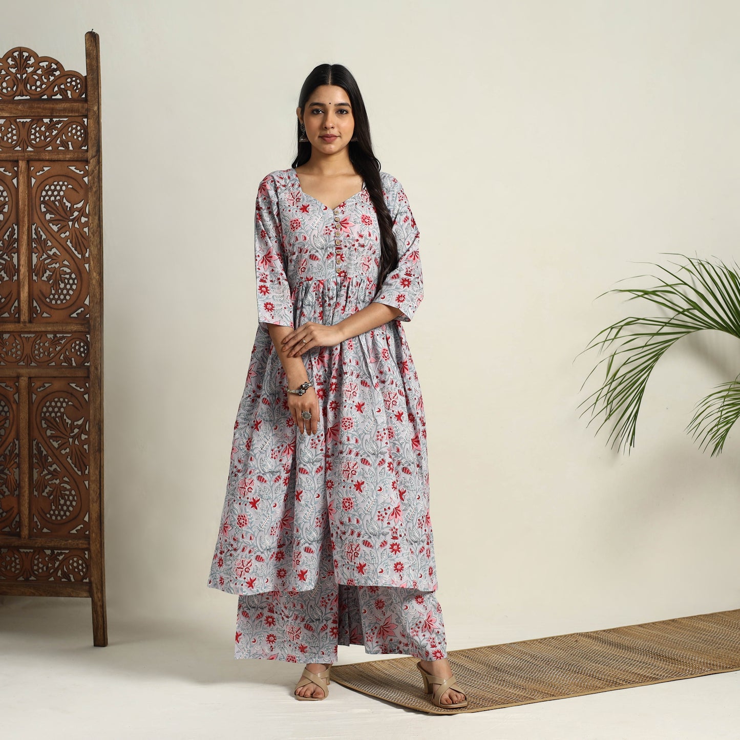 Buy Grey Block Print Cotton Flared Sanganeri Kurta Set
