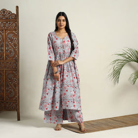 Buy Grey Block Print Cotton Flared Sanganeri Kurta Set