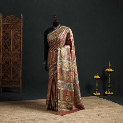 Pure Handloom Tussar Silk Saree in Bengal Hand Block Prints 01