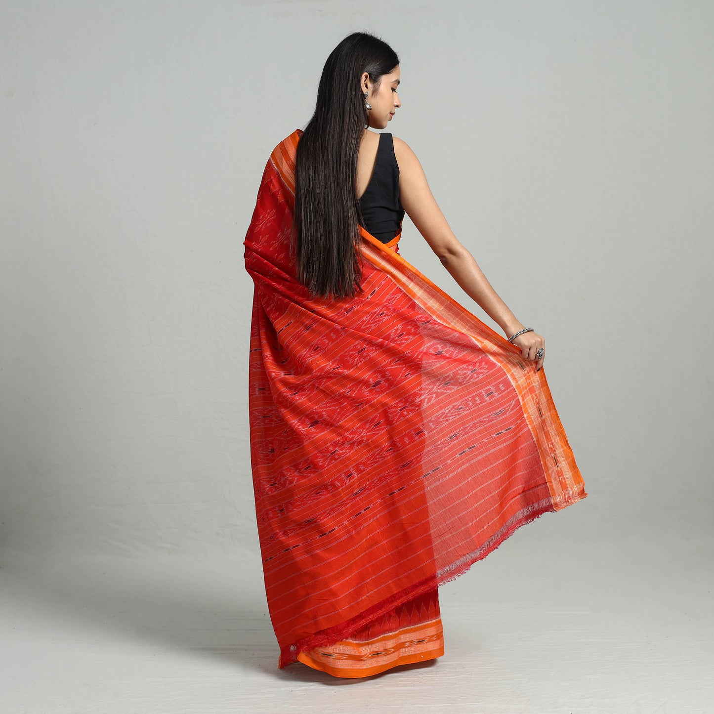 Orange - Ikat Weave Handloom Cotton Sambalpuri Saree 12