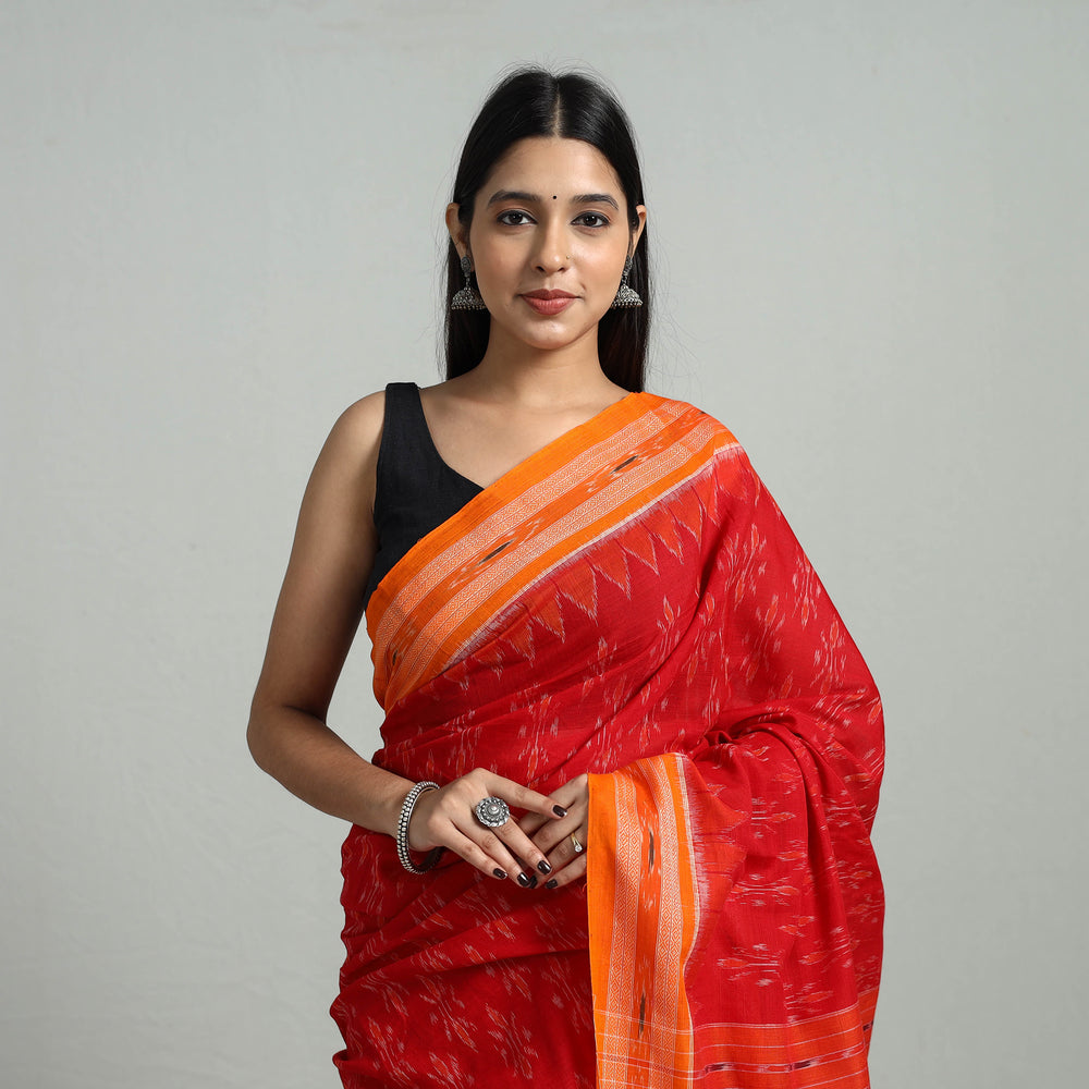 Orange - Ikat Weave Handloom Cotton Sambalpuri Saree 12