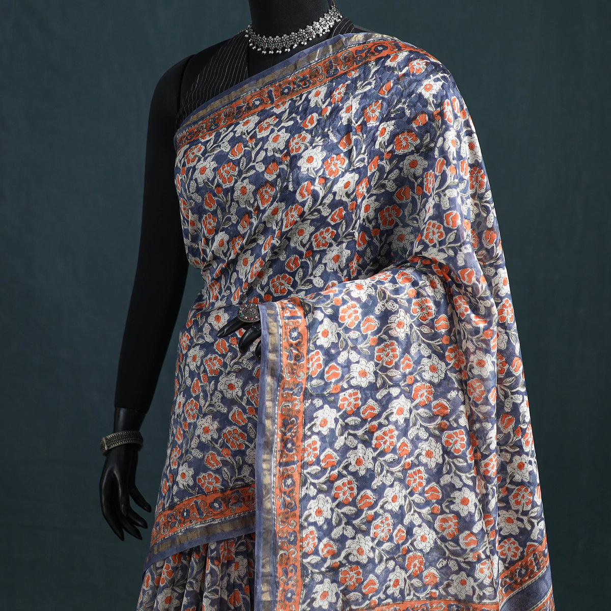 Floral Hand Block Print Mulberry Silk Sanganeri Saree 14