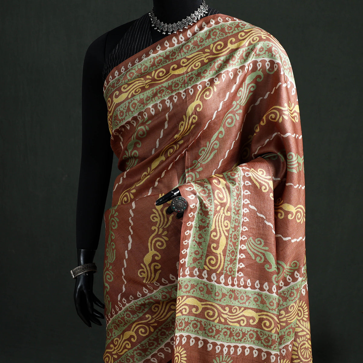 Pure Handloom Tussar Silk Saree in Bengal Hand Block Prints 01