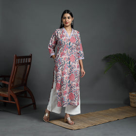 Beige Sequins Work Cotton Straight Sanganeri Print Kurta for Women