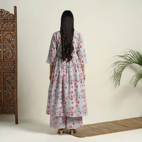 Buy Grey Block Print Cotton Flared Sanganeri Kurta Set