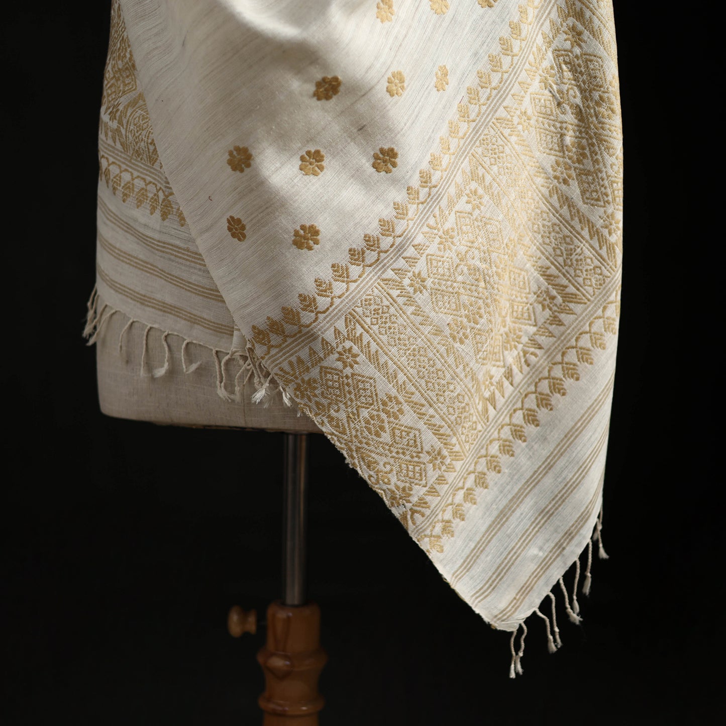 White - Handspun Handwoven Pure Eri Silk Aari Hand Embroidered Shawl of Assam 10
