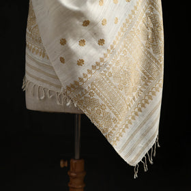 White - Handspun Handwoven Pure Eri Silk Aari Hand Embroidered Shawl of Assam 10