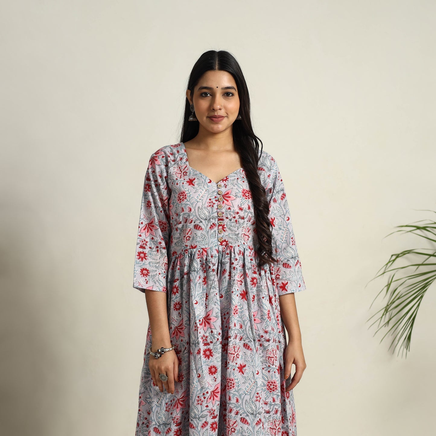 Buy Grey Block Print Cotton Flared Sanganeri Kurta Set