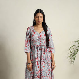 Buy Grey Block Print Cotton Flared Sanganeri Kurta Set
