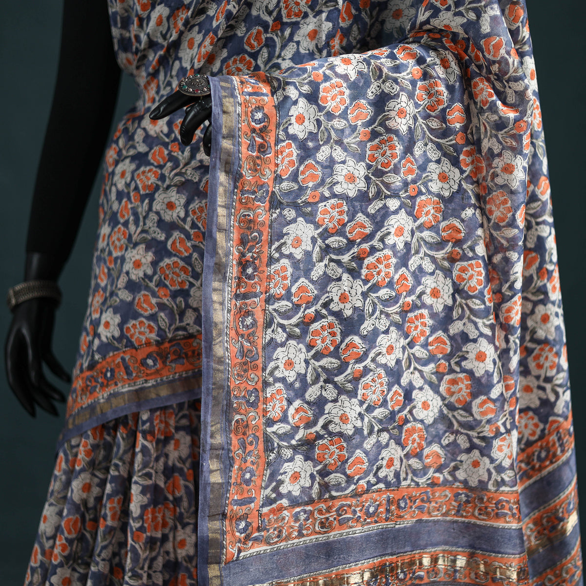 Floral Hand Block Print Mulberry Silk Sanganeri Saree 14