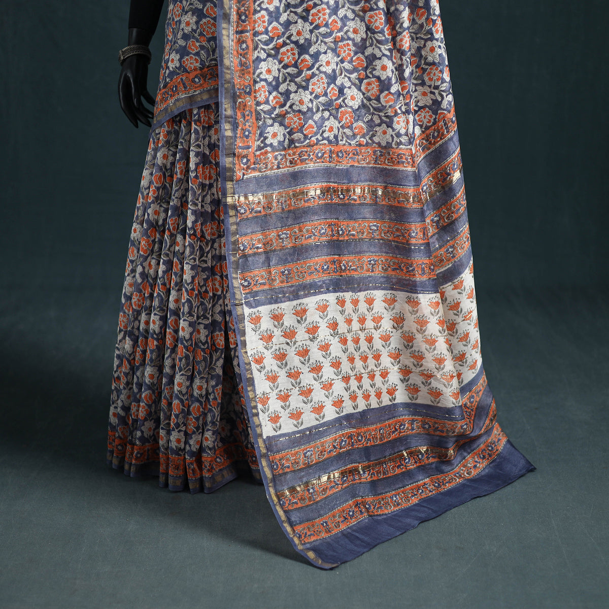 Floral Hand Block Print Mulberry Silk Sanganeri Saree 14