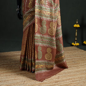 Pure Handloom Tussar Silk Saree in Bengal Hand Block Prints 01