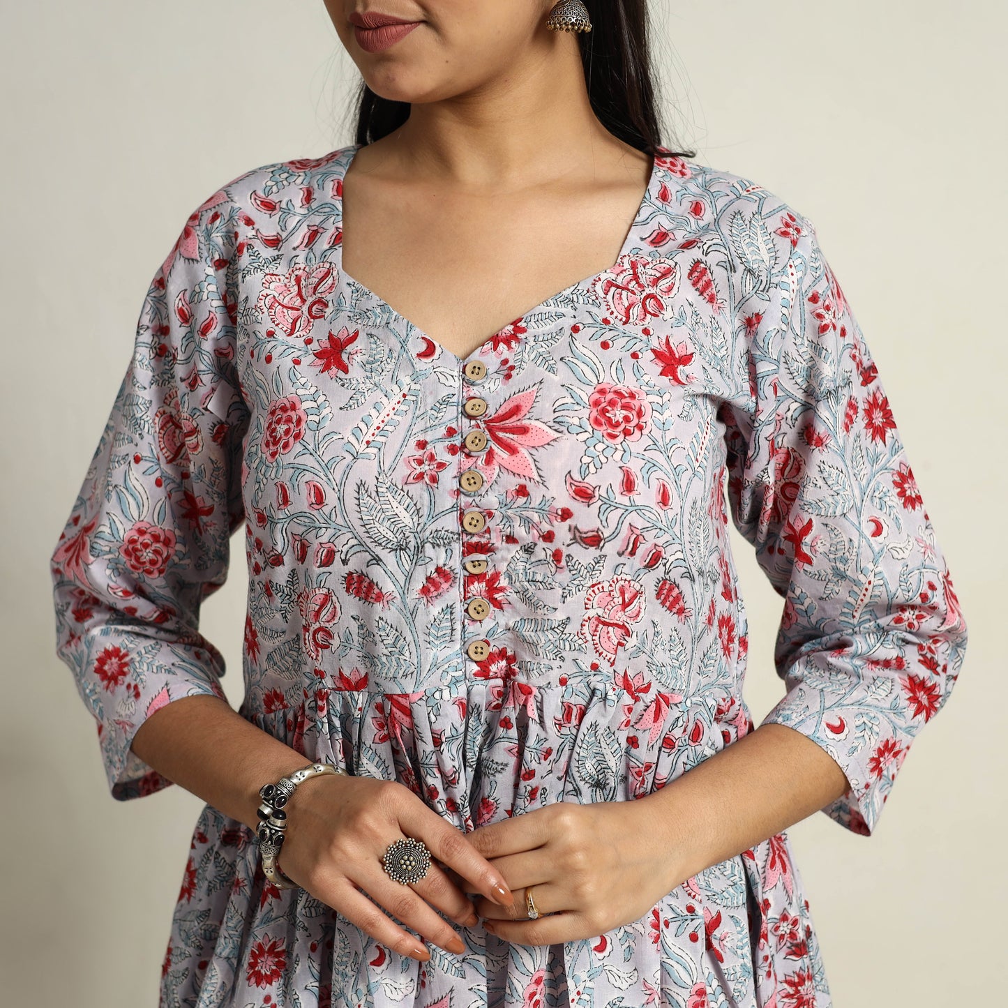 Buy Grey Block Print Cotton Flared Sanganeri Kurta Set