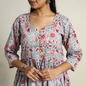 Buy Grey Block Print Cotton Flared Sanganeri Kurta Set
