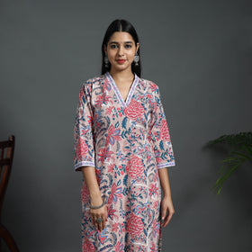 Beige Sequins Work Cotton Straight Sanganeri Print Kurta for Women