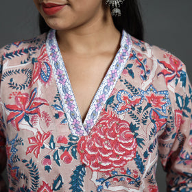 Beige Sequins Work Cotton Straight Sanganeri Print Kurta for Women