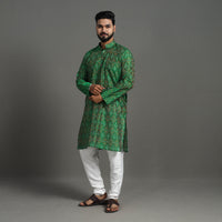 Green - Silk Cotton Handwoven Pochampally Ikat Kurta for Men 08