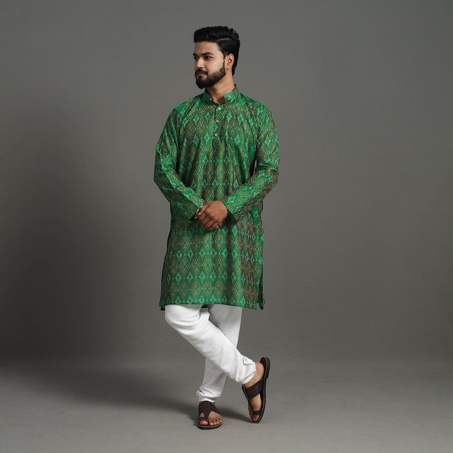 Green - Silk Cotton Handwoven Pochampally Ikat Kurta for Men 08