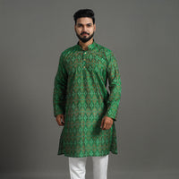 Green - Silk Cotton Handwoven Pochampally Ikat Kurta for Men 08