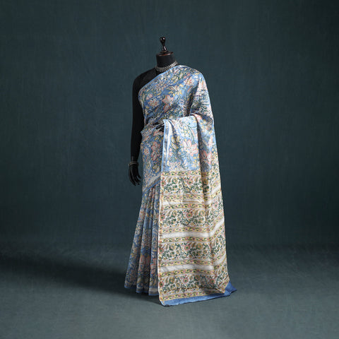 Floral Hand Block Print Mulberry Silk Sanganeri Saree 15