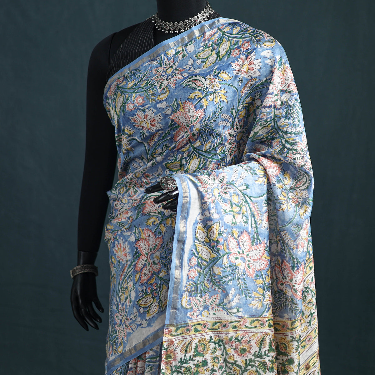 Floral Hand Block Print Mulberry Silk Sanganeri Saree 15