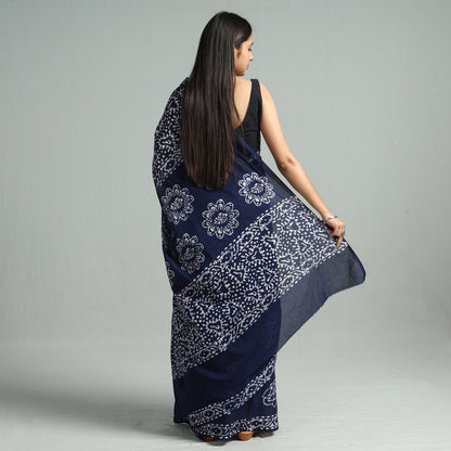Blue - Hand Batik Printed Cotton Saree with Blouse Piece 63