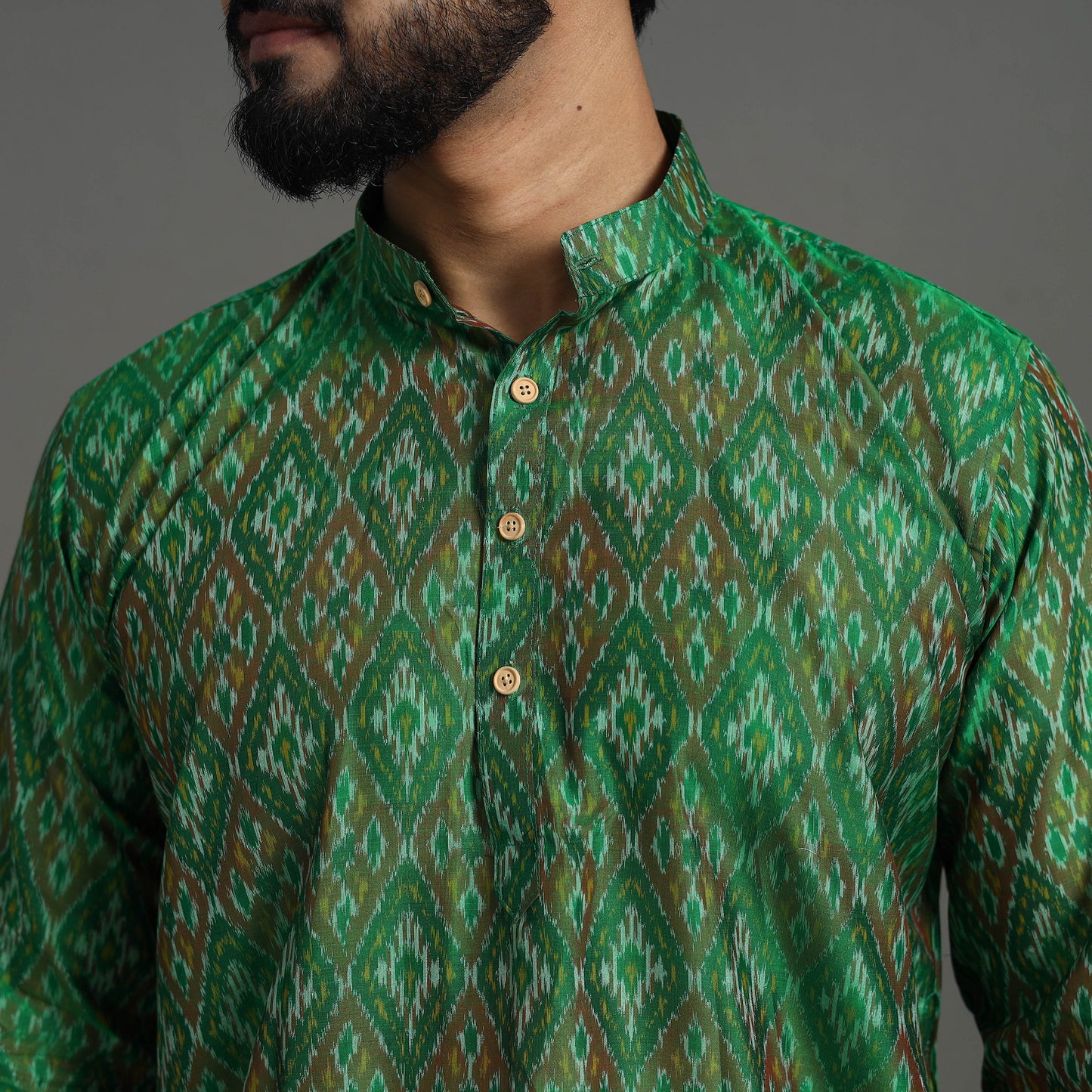 Green - Silk Cotton Handwoven Pochampally Ikat Kurta for Men 08