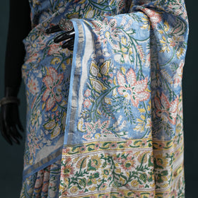 Floral Hand Block Print Mulberry Silk Sanganeri Saree 15