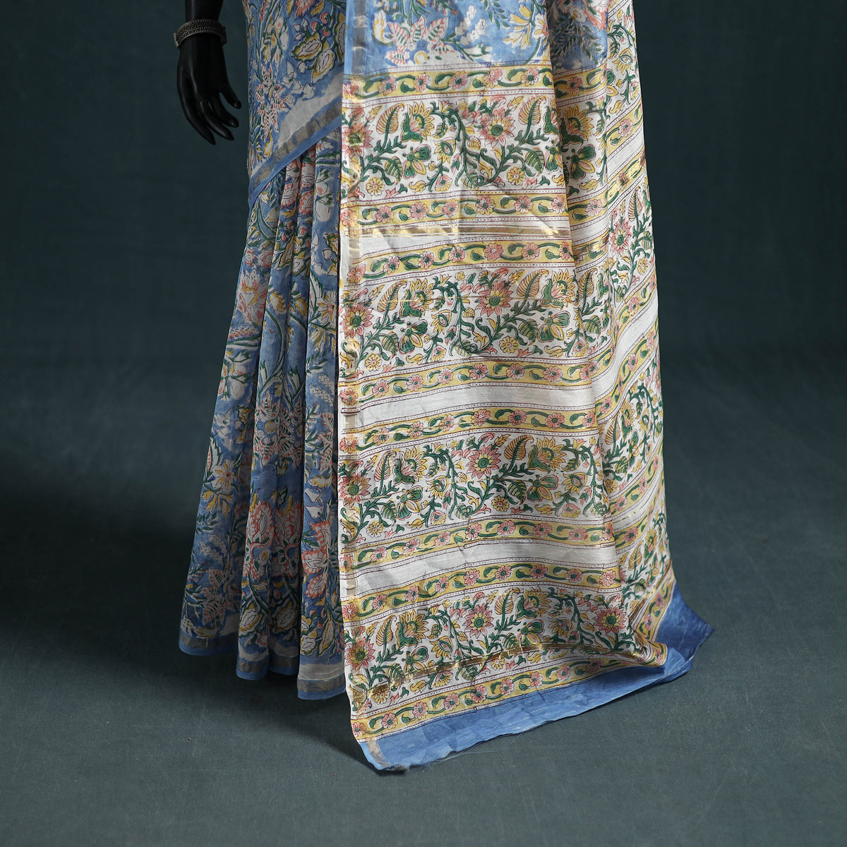 Floral Hand Block Print Mulberry Silk Sanganeri Saree 15