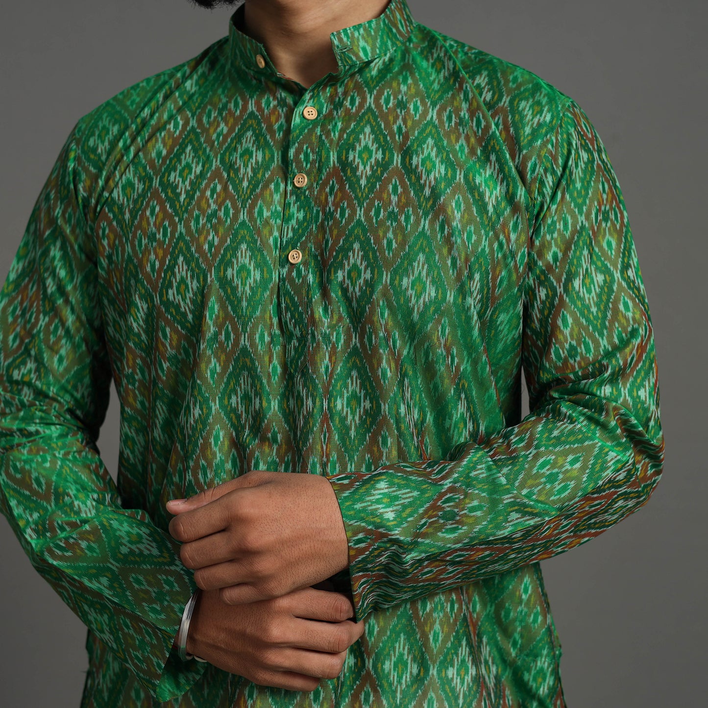 Green - Silk Cotton Handwoven Pochampally Ikat Kurta for Men 08