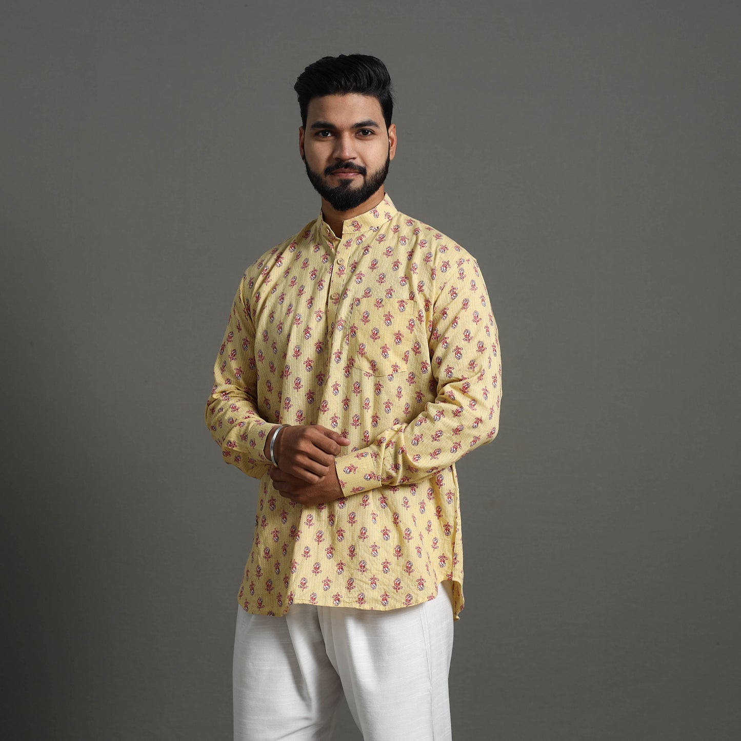 Kantha Stitch Cotton Short Sanganeri Kurta for Men 14