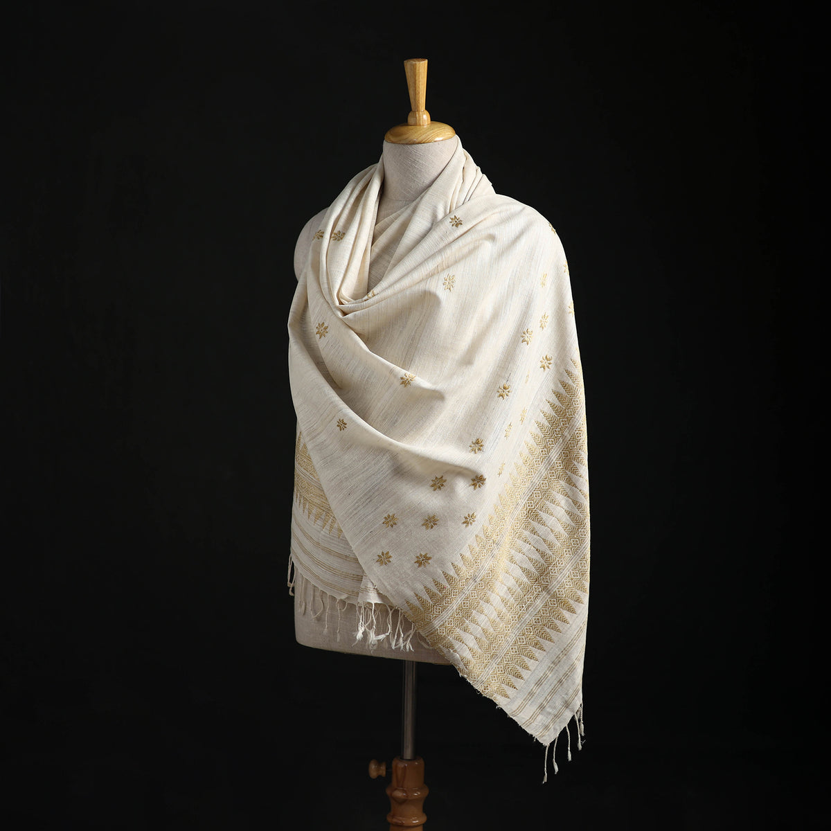 White - Handspun Handwoven Pure Eri Silk Aari Hand Embroidered Shawl of Assam 12