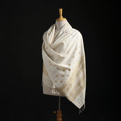 White - Handspun Handwoven Pure Eri Silk Aari Hand Embroidered Shawl of Assam 12