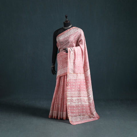 Floral Hand Block Print Mulberry Silk Sanganeri Saree 17