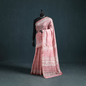 Floral Hand Block Print Mulberry Silk Sanganeri Saree 17