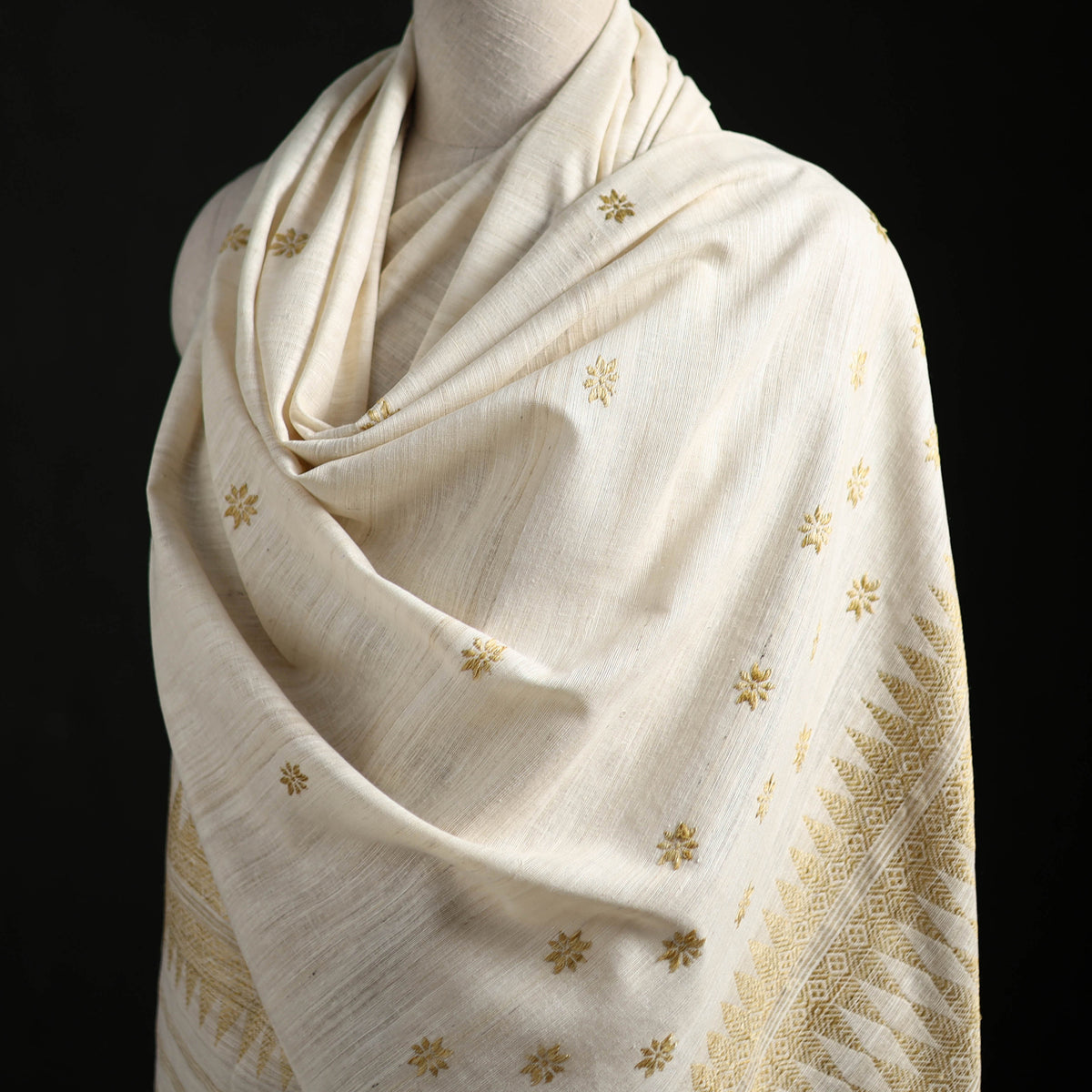White - Handspun Handwoven Pure Eri Silk Aari Hand Embroidered Shawl of Assam 12