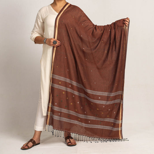Brown - Bengal Jamdani Buti Handloom Cotton Dupatta with Tassels