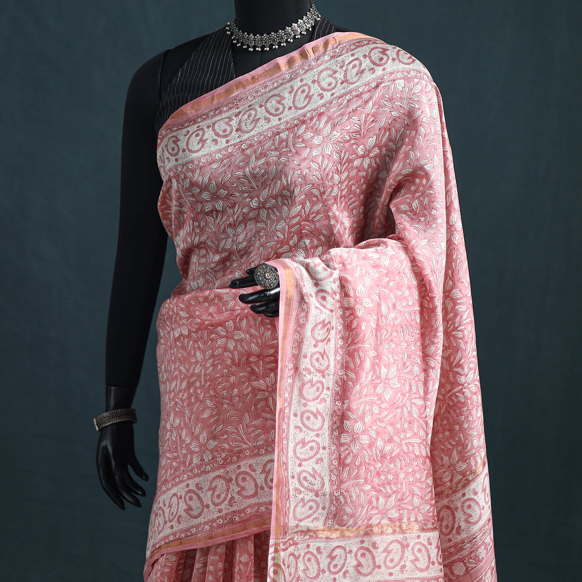 Floral Hand Block Print Mulberry Silk Sanganeri Saree 17