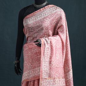 Floral Hand Block Print Mulberry Silk Sanganeri Saree 17