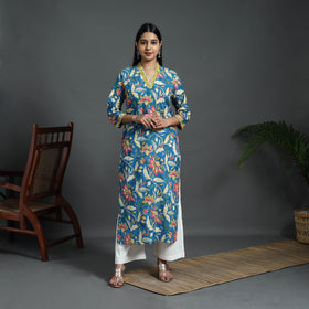 Blue Sequins Work Cotton Straight Sanganeri Print Kurta for Women