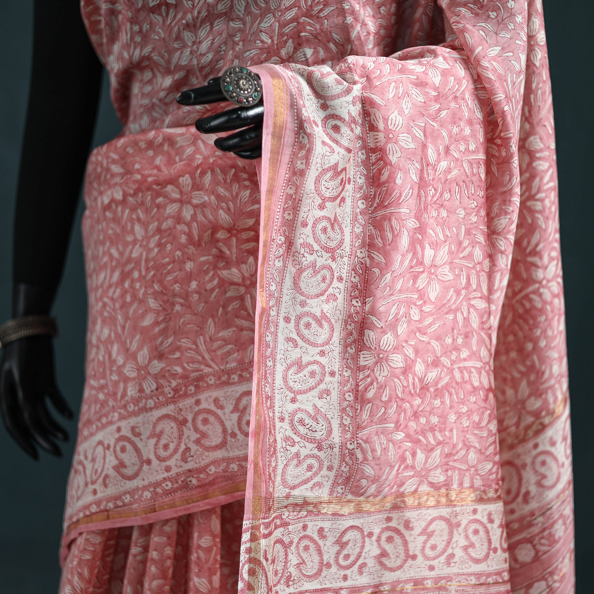 Floral Hand Block Print Mulberry Silk Sanganeri Saree 17