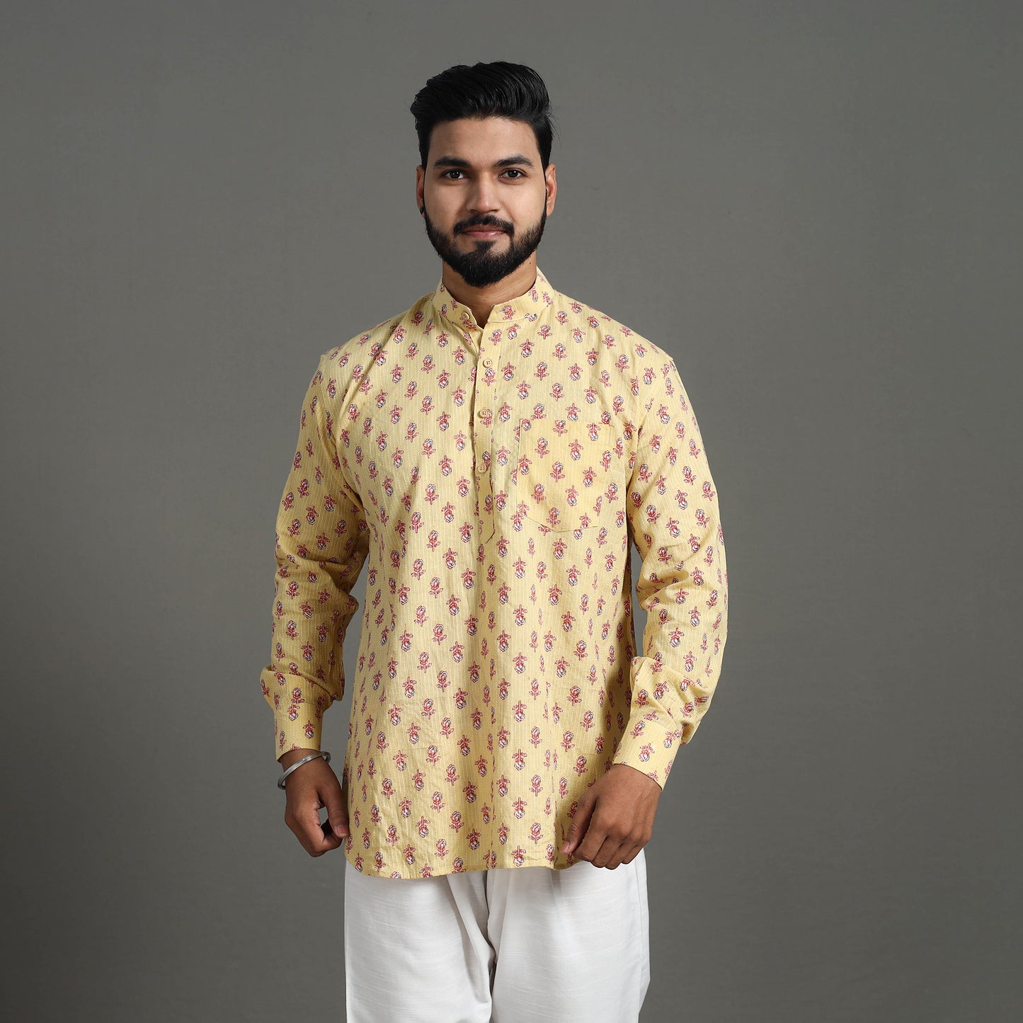 Kantha Stitch Cotton Short Sanganeri Kurta for Men 14