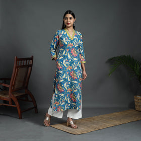 Blue Sequins Work Cotton Straight Sanganeri Print Kurta for Women