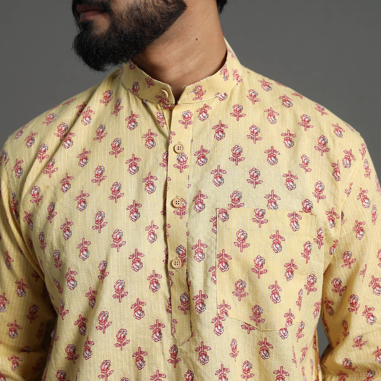 Kantha Stitch Cotton Short Sanganeri Kurta for Men 14