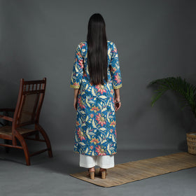 Blue Sequins Work Cotton Straight Sanganeri Print Kurta for Women
