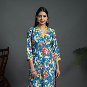 Blue Sequins Work Cotton Straight Sanganeri Print Kurta for Women